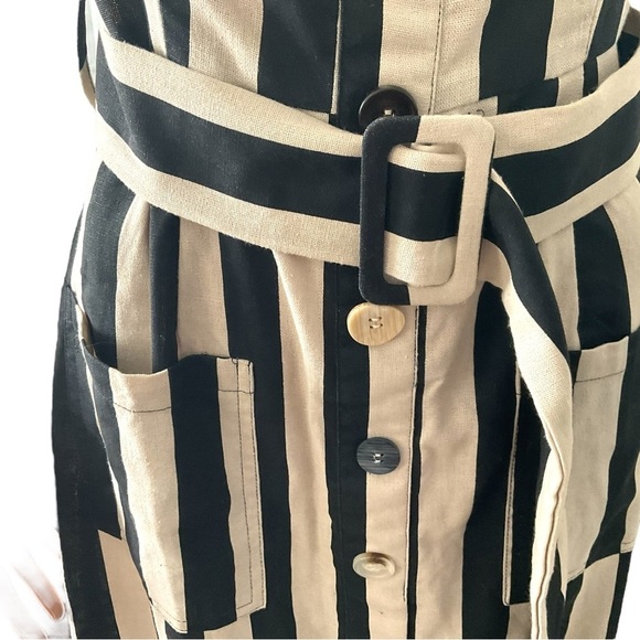 Moon River Black Tan Stripe Linen Cotton off the shoulder Dress Pockets SZ M - Picture 10 of 11